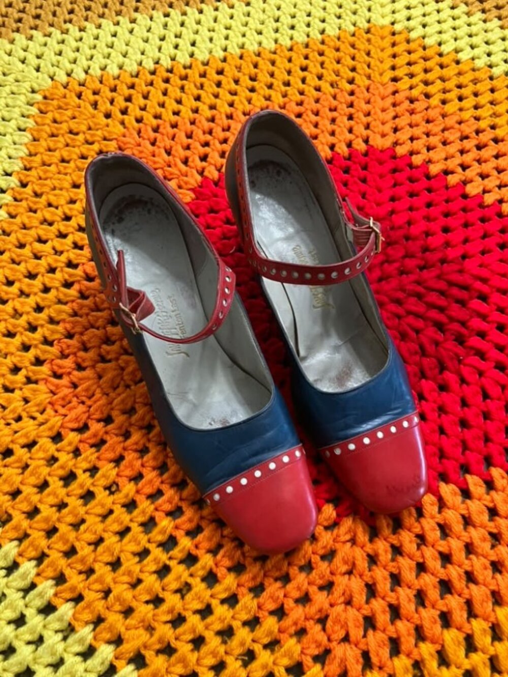 60's Vintage Saks Fifth Ave Fenton Last Red Blue Mary Jane Heels Shoes 7